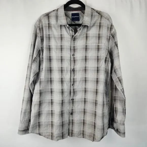Tommy Bahama Gray Plaid Silk Cotton Blend Long Sleeve Button Up Shirt Men's XL - Picture 2 of 14